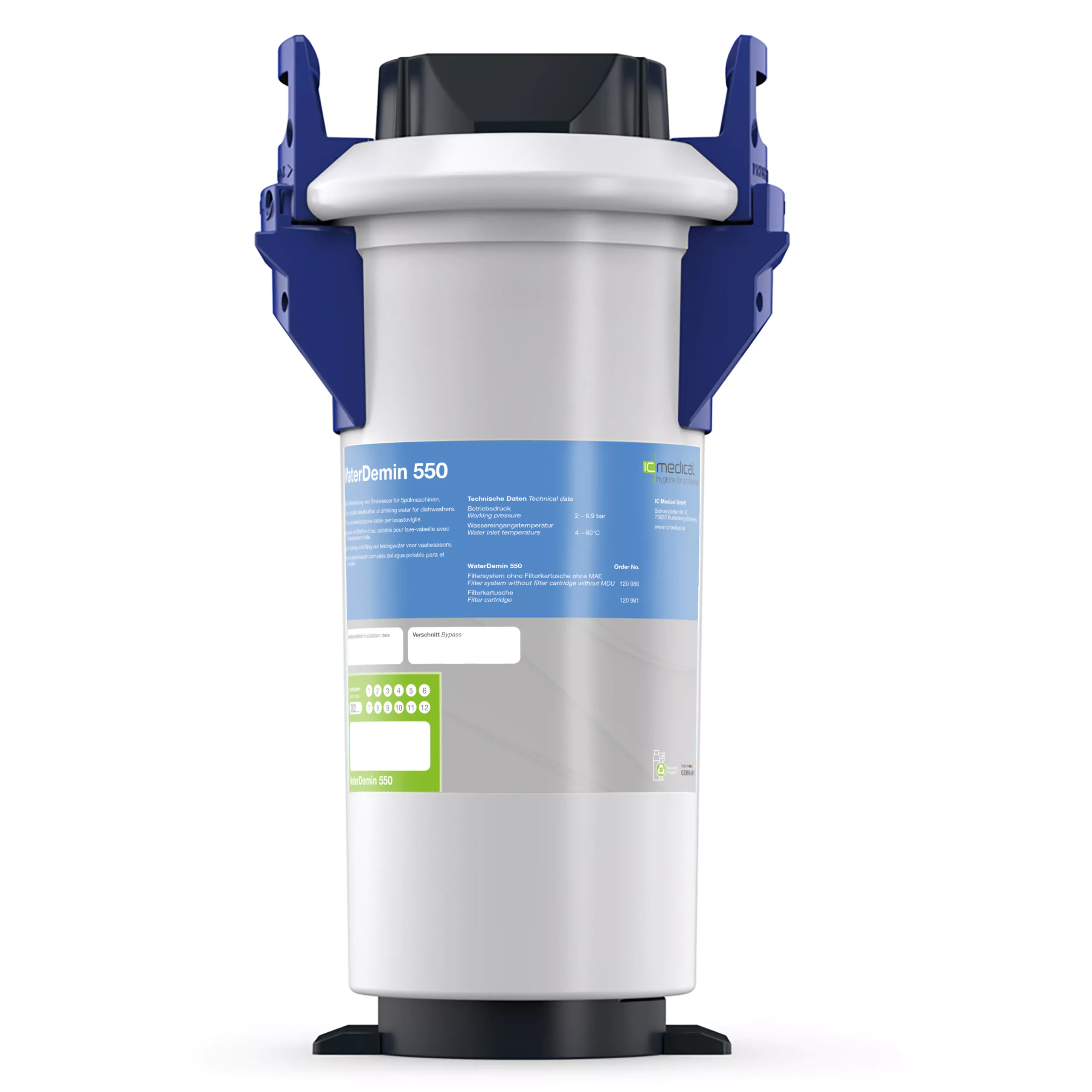 Wasserfilter Weichwasseranlage, IQ medical WaterDemin 550, mit blauen Halterungen, auf weißem Hintergrund. Ideal für Hausinstallationen.
