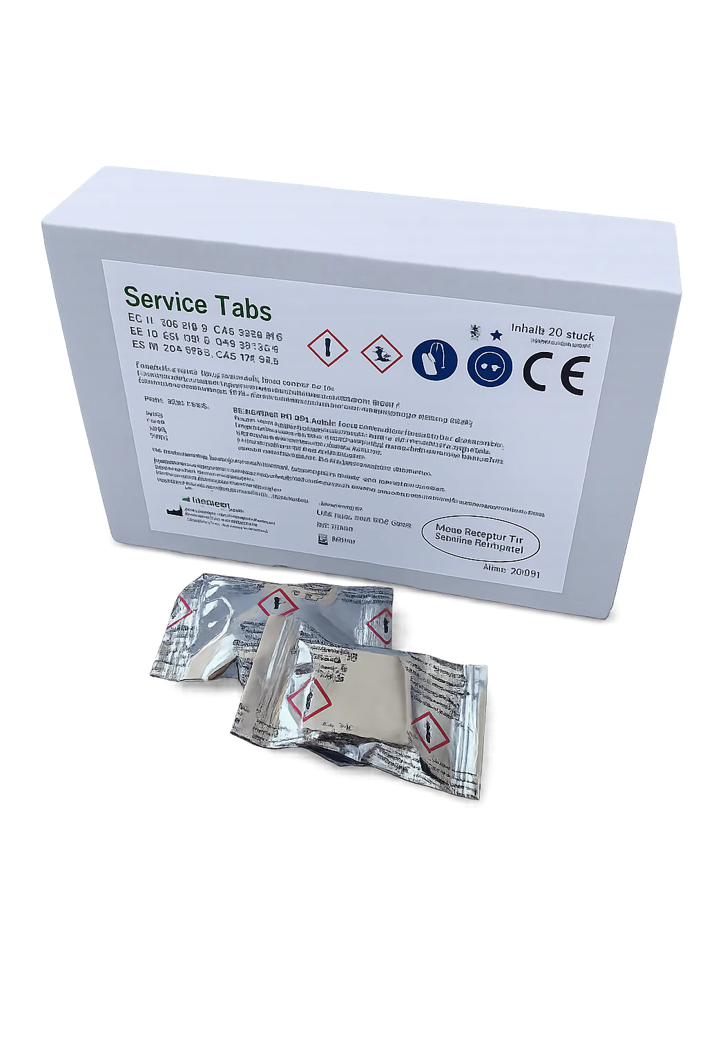 Verpackung von Service Tabs mit Warnhinweisen und Inhaltsangaben, die 20 Stück enthalten.
