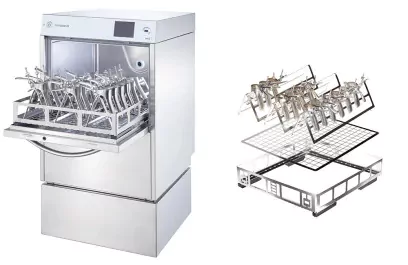 Medical instrument washer with open view, showcasing organized equipment trays for efficient sterilization. Ideal für Krankenhäuser und Kliniken.