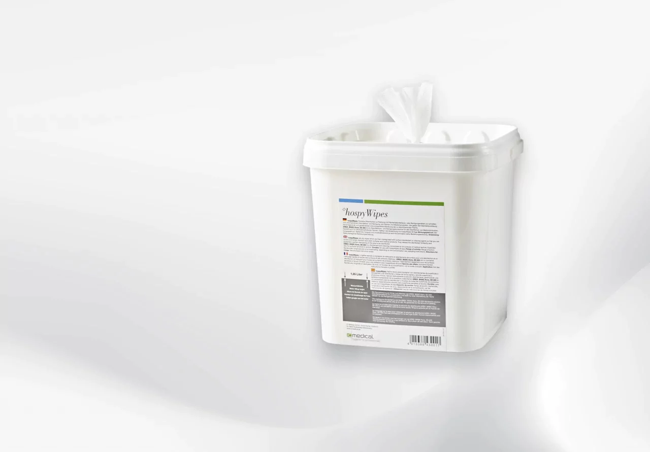 White container of HospyWipes with detailed product label, designed for cleaning and sanitizing surfaces in medical and healthcare environments.