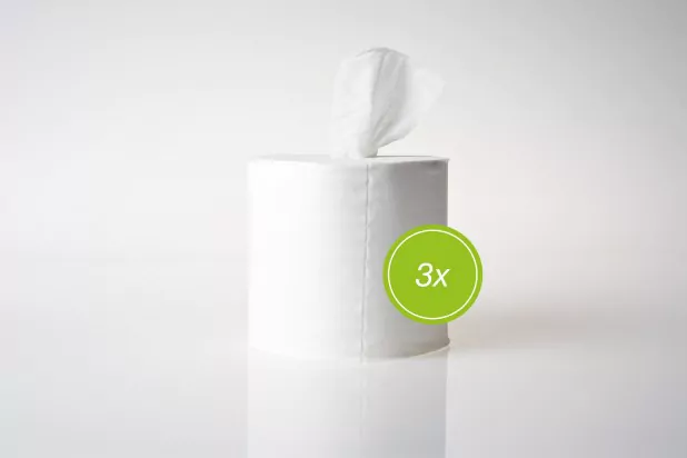 Toilet paper roll on a white background with a highlighted triple sign, showing premium quality and softness. Ideal for bathroom supplies.