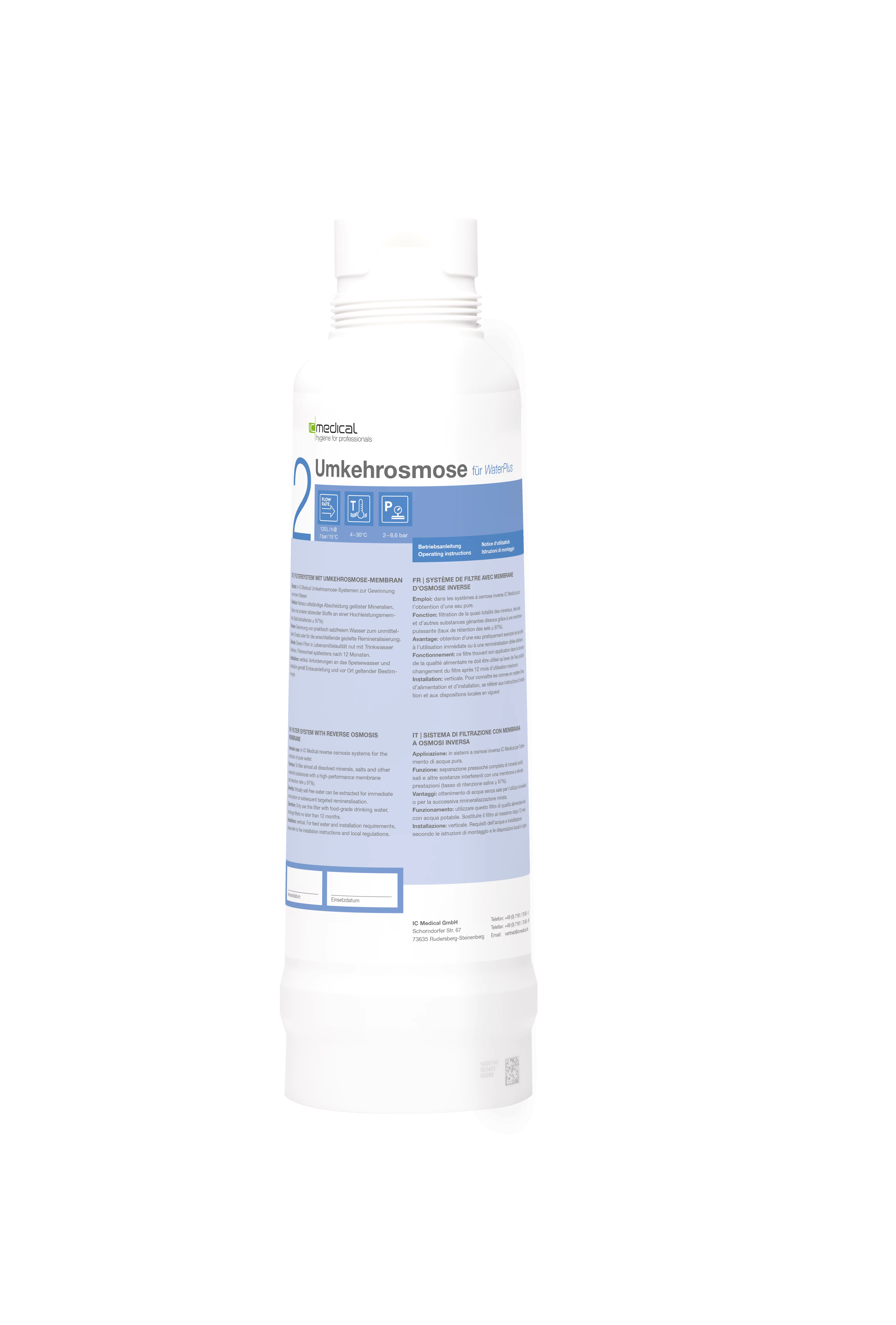 Flasche mit Umkehrosmose-Lösung für Wasserfilter, blaues Etikett mit Produktinformationen, geeignet für professionelle Wasserreinigungssysteme.