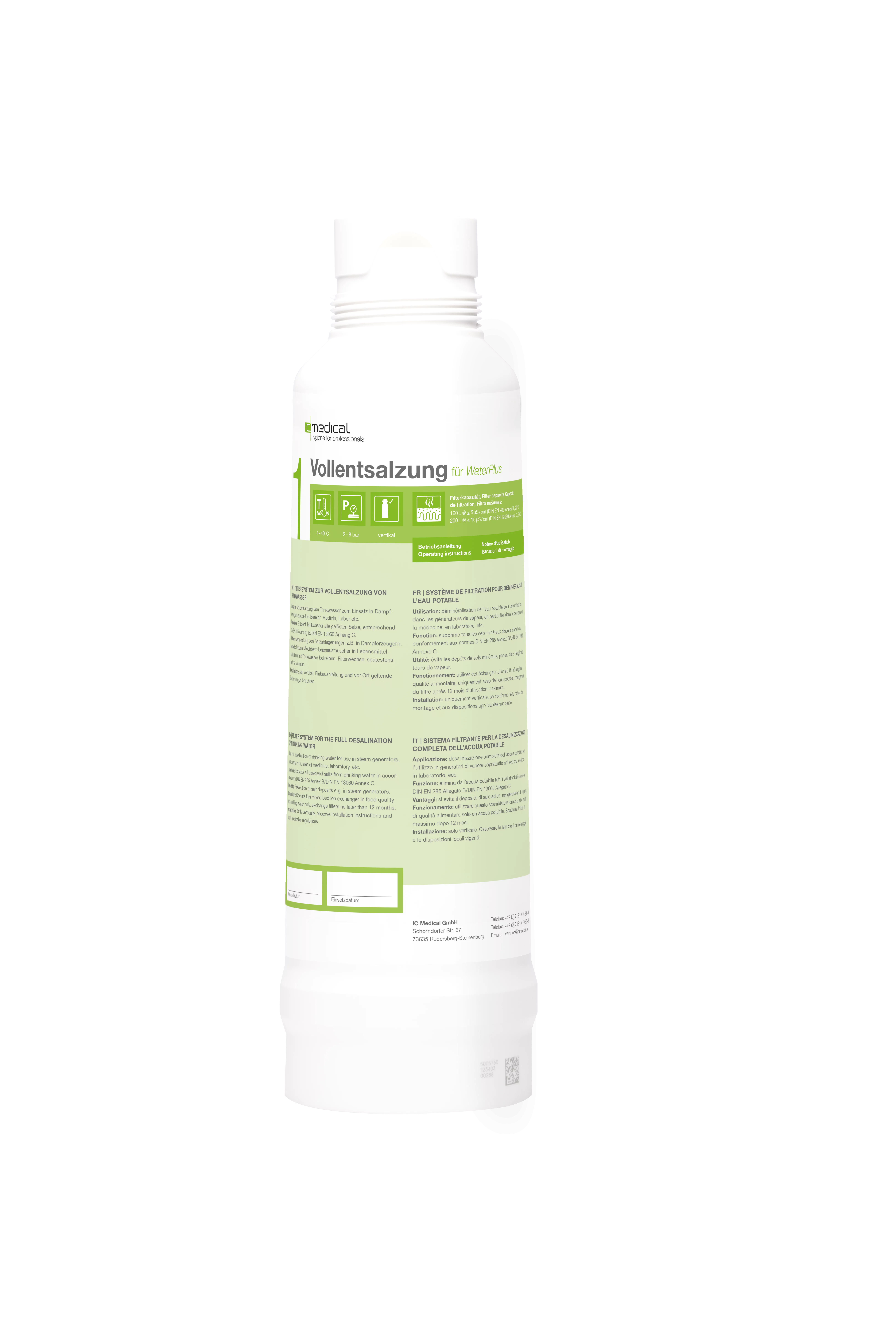 Flasche mit Vollentsalzungsmittel für Wasser auf weißem Hintergrund, grüne Labeldetails und technische Informationen sichtbar.