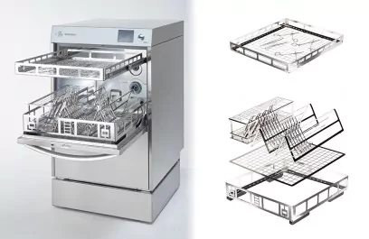 Sterilisator mit offenen Racks für medizinische Instrumente, links geöffnet, rechts schematische Darstellung der Rack-Anordnung. Ideal für Krankenhäuser.